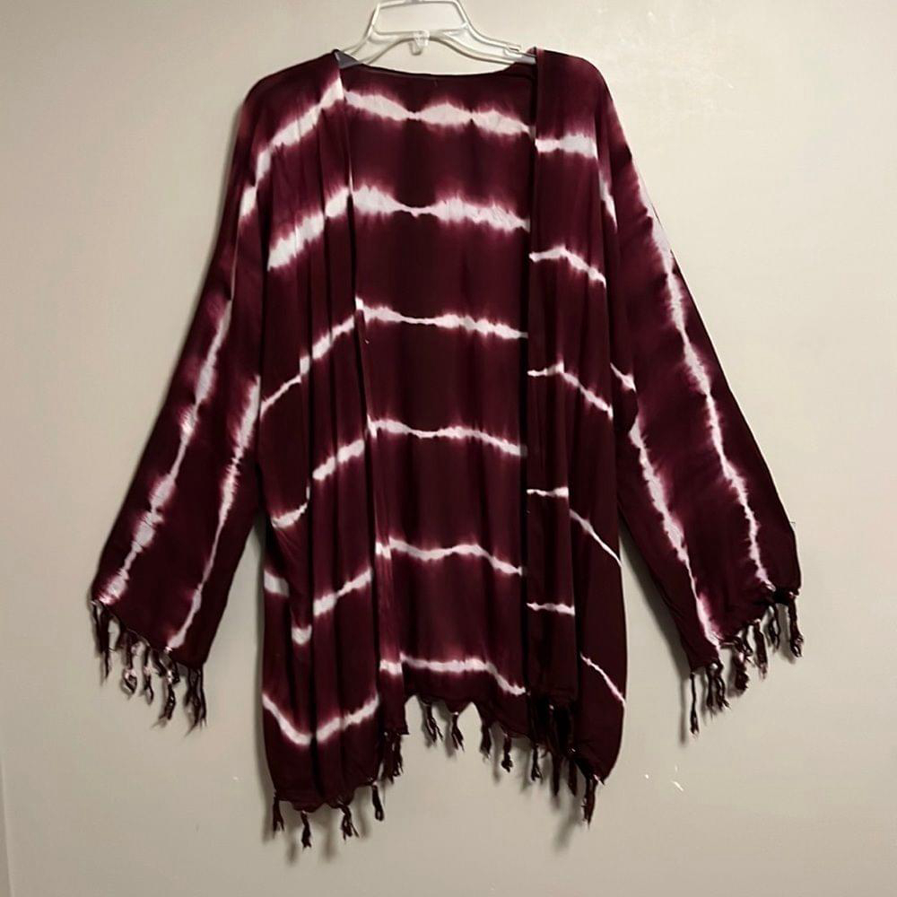 Burgundy & White Boho‎ Fringe Tie Dyed Wrap Cardigan Kimono OS Vampires Gauzy